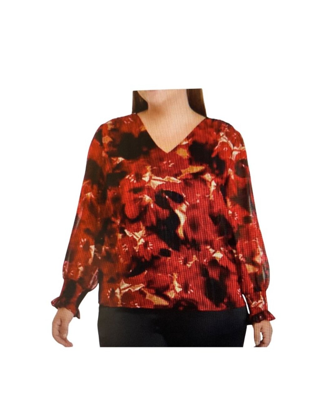 Anne Klein Plus Size Long Sleeve V-Neck Smocked Blouse  OX  NWT
